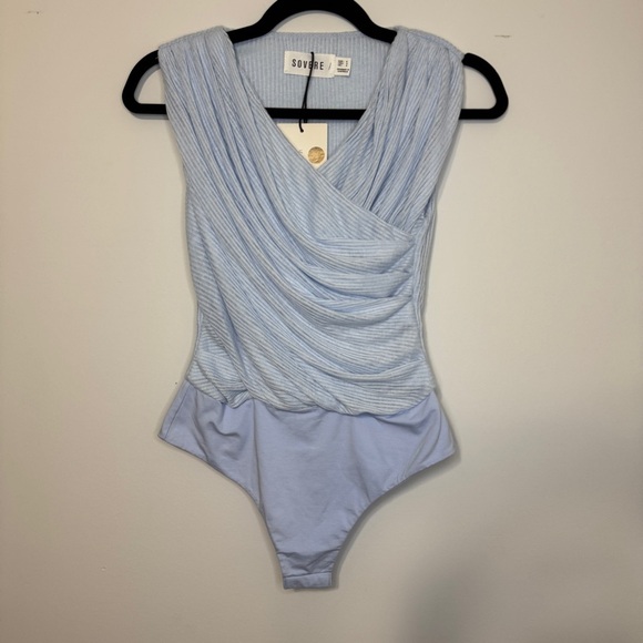 Souvenir Light Blue Draped Bodysuit - Picture 1 of 8